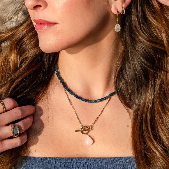 Blue Apatite Gemstone Necklace Gold Toggle Clasp Removable Baroque Pearl - Picture 14 of 16